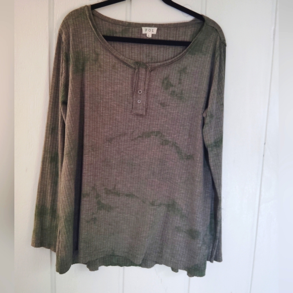 POL Women’s Olive Green Ribbed Henley Long Sleeve Top